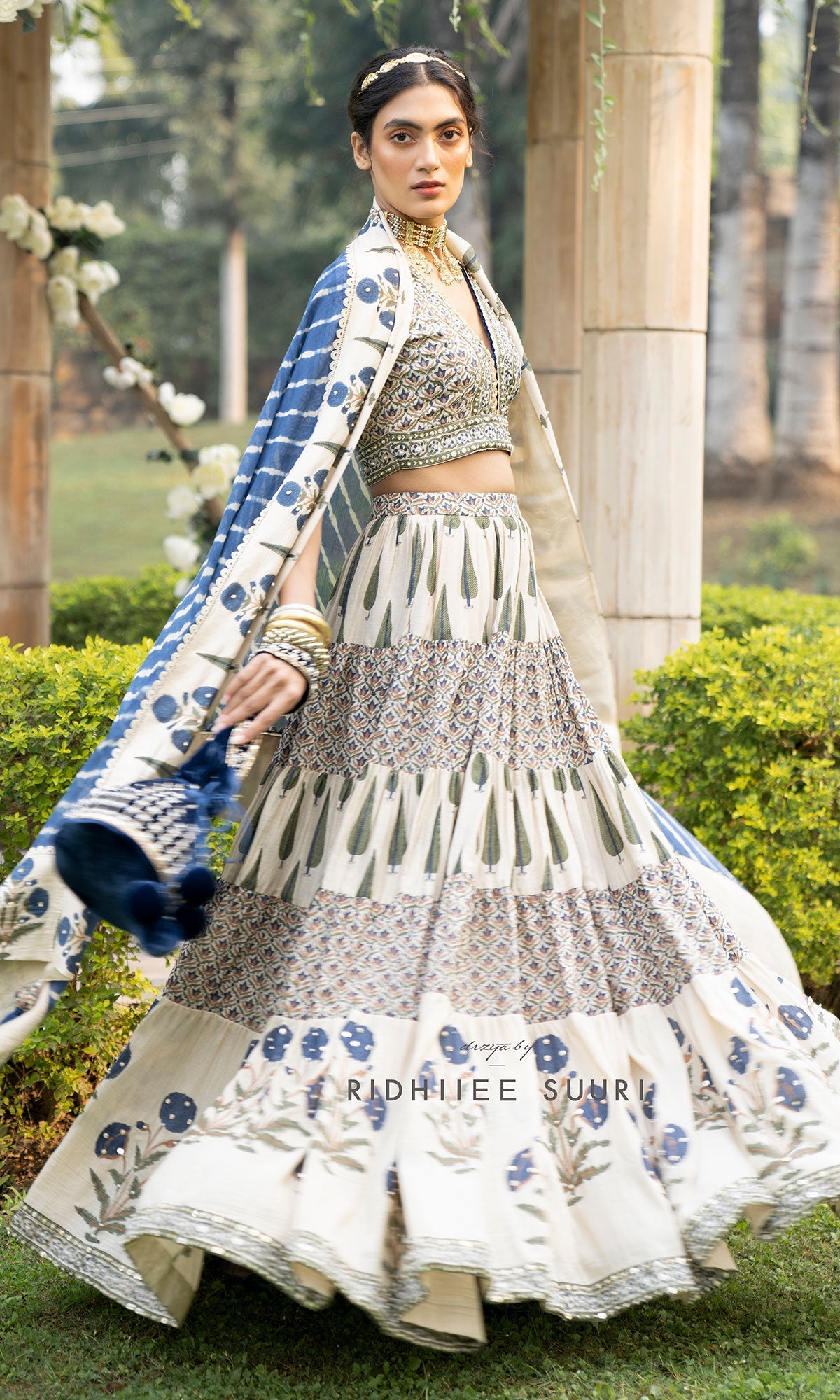 Bareen Mughals Royal Blue Block Printed Lehenga Set - Set Of 3