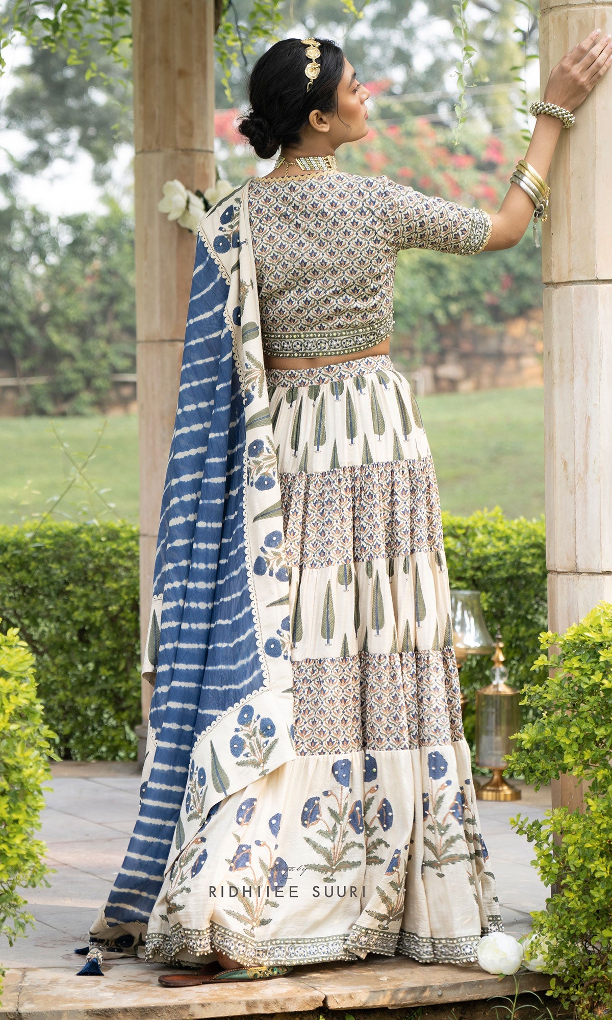 Bareen Mughals Royal Blue Block Printed Lehenga Set - Set Of 3