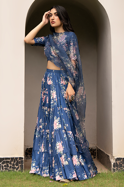 Falak Blue Floral print Gathered Lehenga with floral blouse and Dupatta- Set of 3