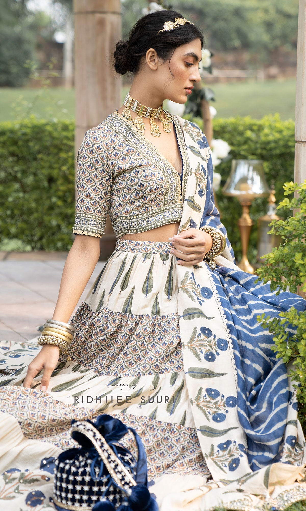 Bareen Mughals Royal Blue Block Printed Lehenga Set - Set Of 3