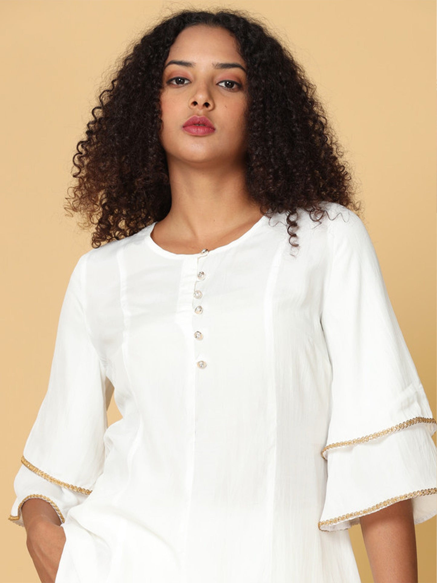 Hassu's Women White Bell Sleeves Rayon Solid Pathani Short Length Jewel Neck Kurta Set -Without Dupatta