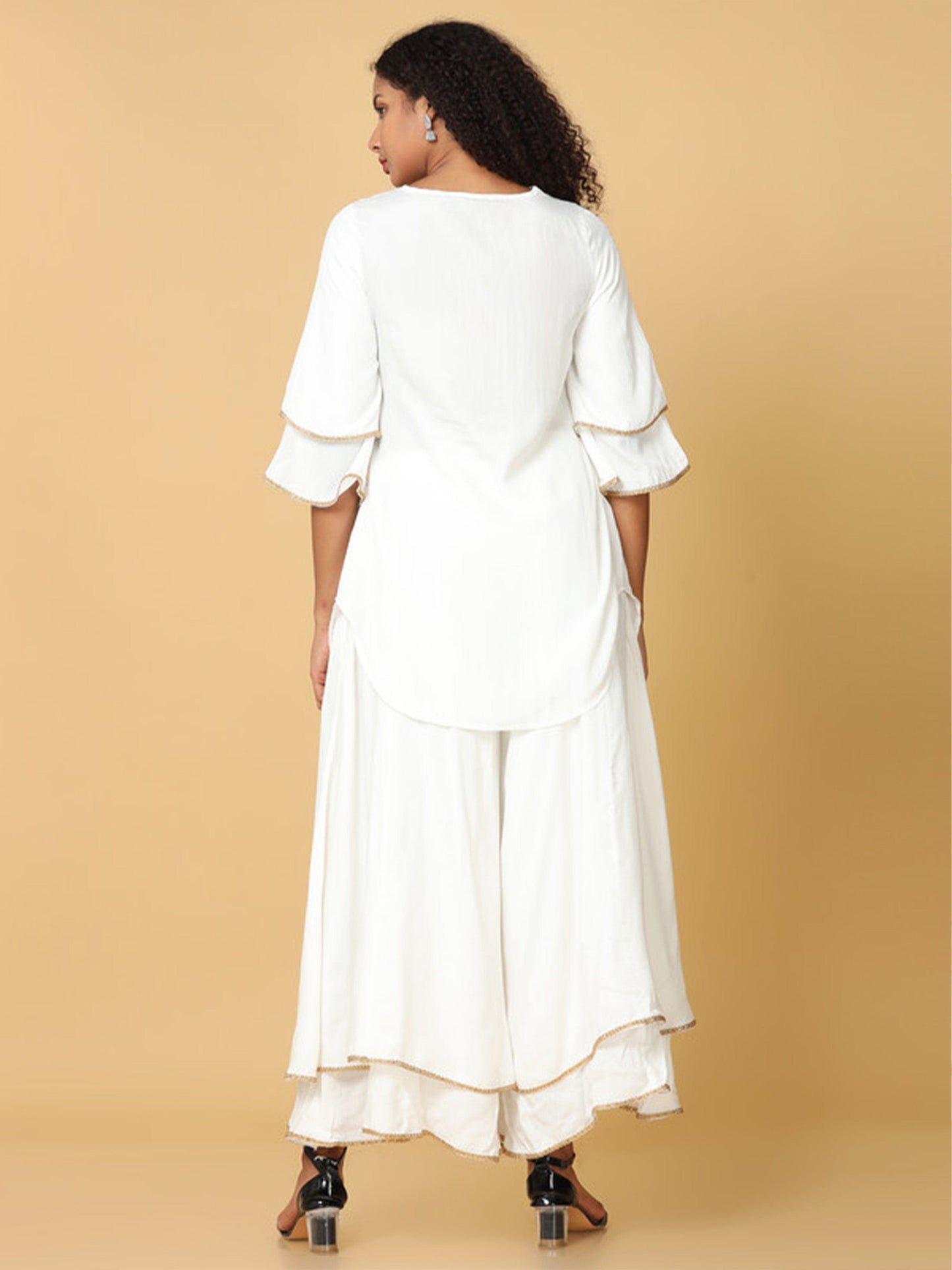 Hassu's Women White Bell Sleeves Rayon Solid Pathani Short Length Jewel Neck Kurta Set -Without Dupatta