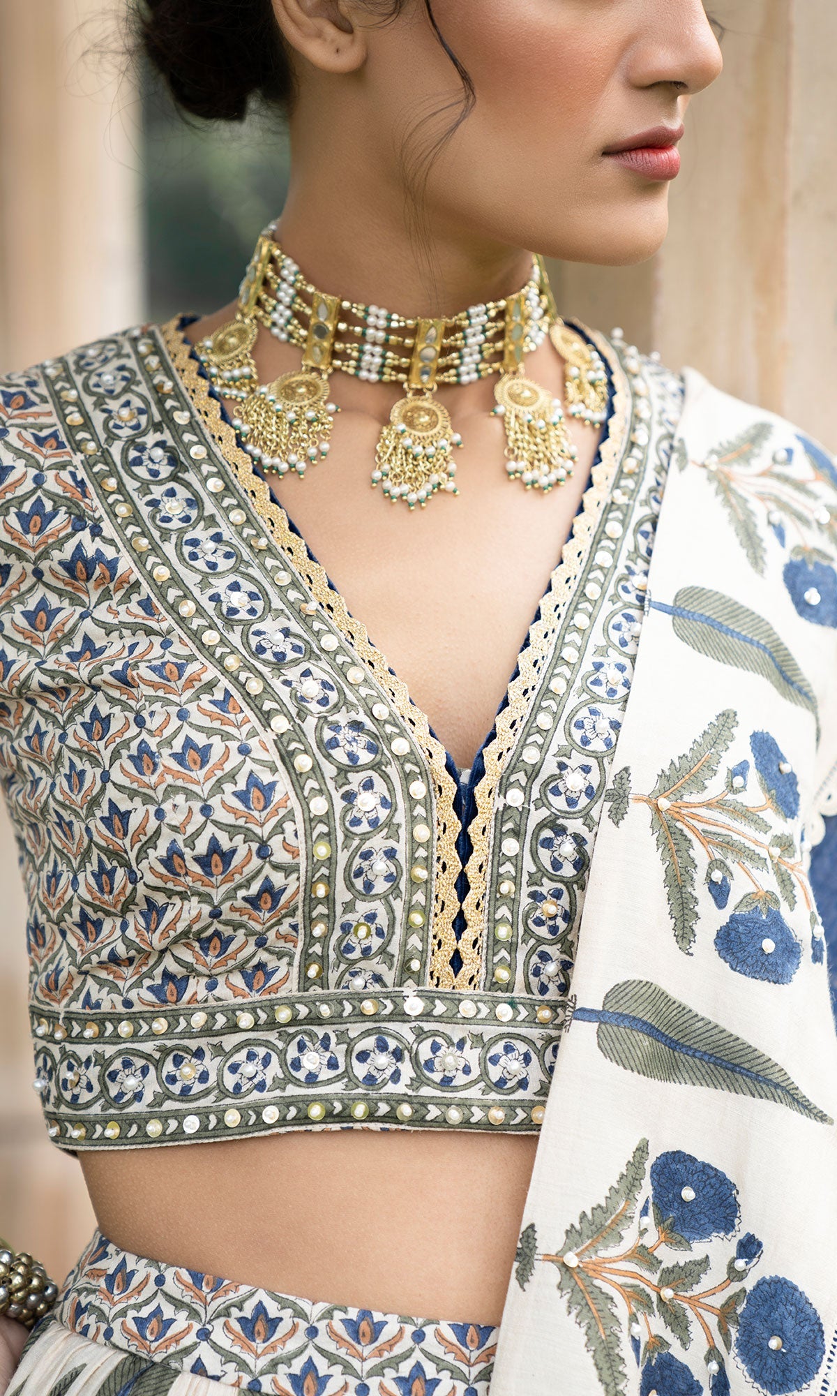 Bareen Mughals Royal Blue Block Printed Lehenga Set - Set Of 3