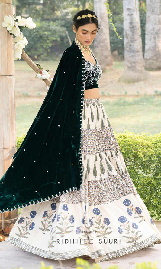 Bareen Mughals Bottle Green Block Printed Lehenga With Velvet Embroidered Bustier & Shawl -set Of 3