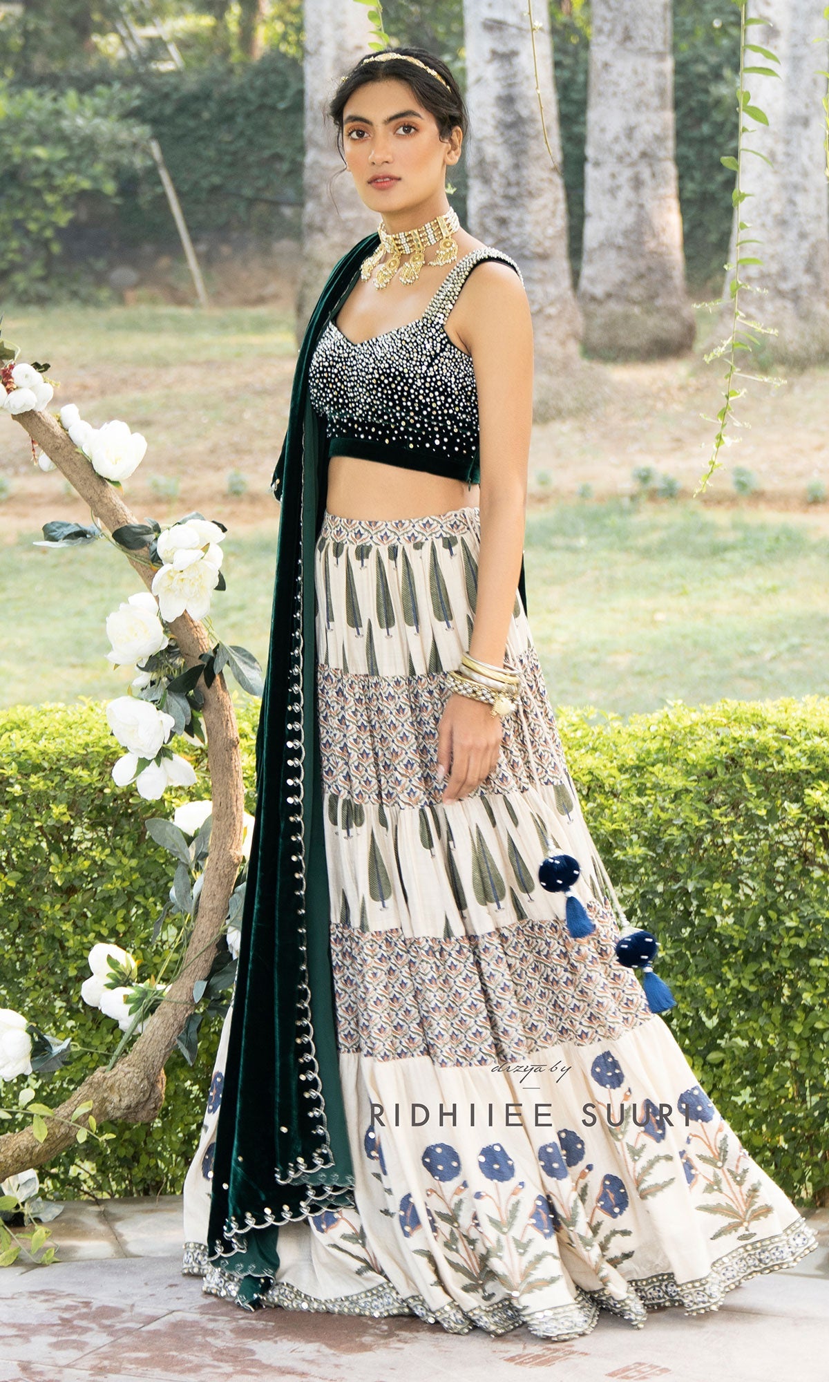 Bareen Mughals Bottle Green Block Printed Lehenga With Velvet Embroidered Bustier & Shawl -set Of 3
