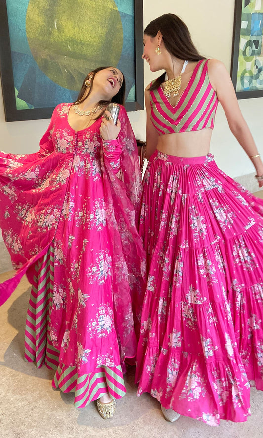 Amitha Sharma in Falak Rani Pink Floral print Gathered Lehenga with stripe blouse and Dupatta- Set of 3