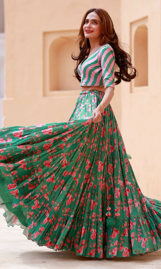 Tina Rathore in Falak Green Floral print Gathered Lehenga with stripe blouse and Dupatta- Set of 3