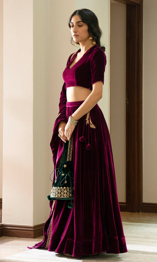 Bareen Embroidered  - Deep Orchid velvet Lehenga With Blouse - Set of 2