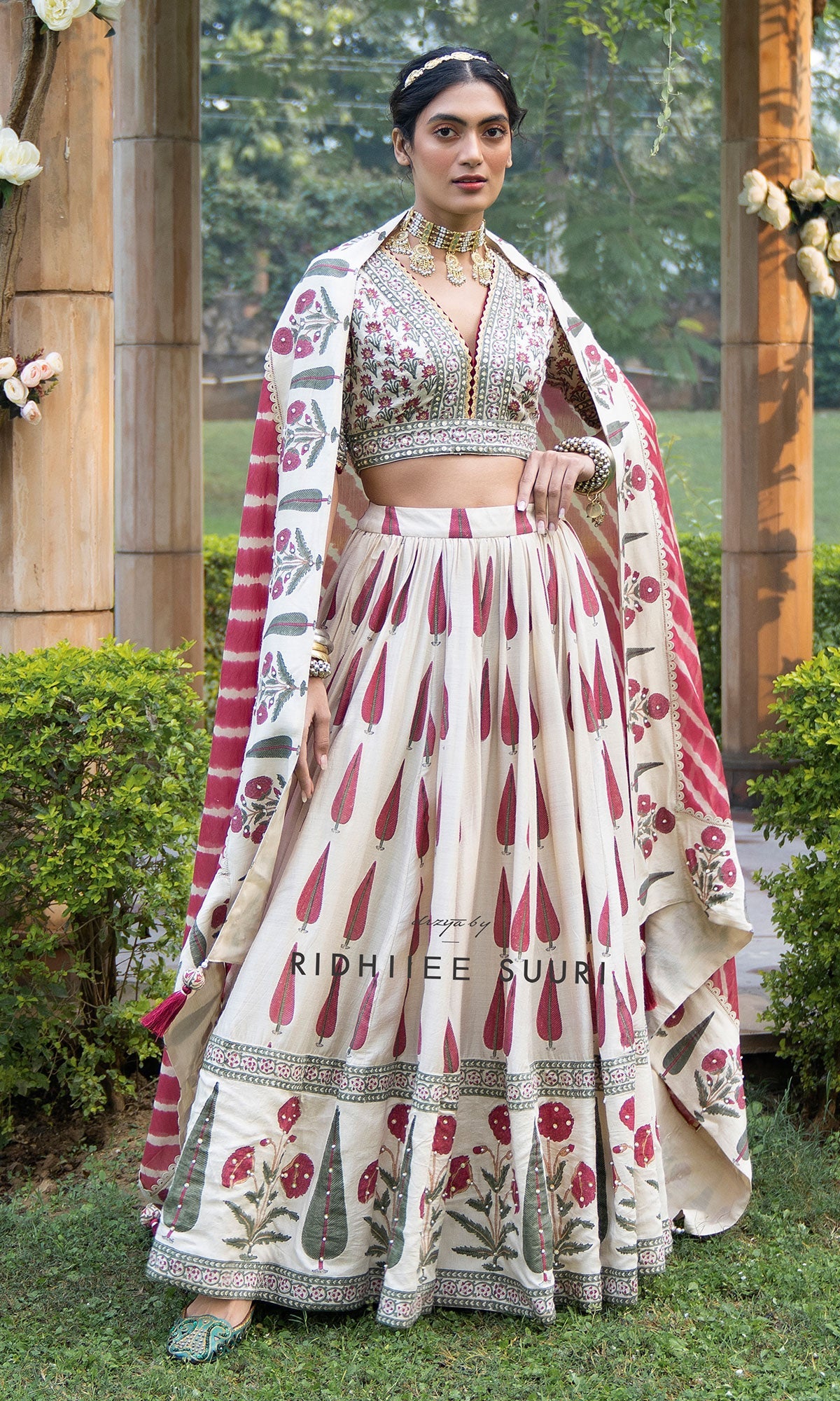 Bareen Mughal Red Block Printed Lehenga Set With Lehariya dupatta - Set Of 3 - Red