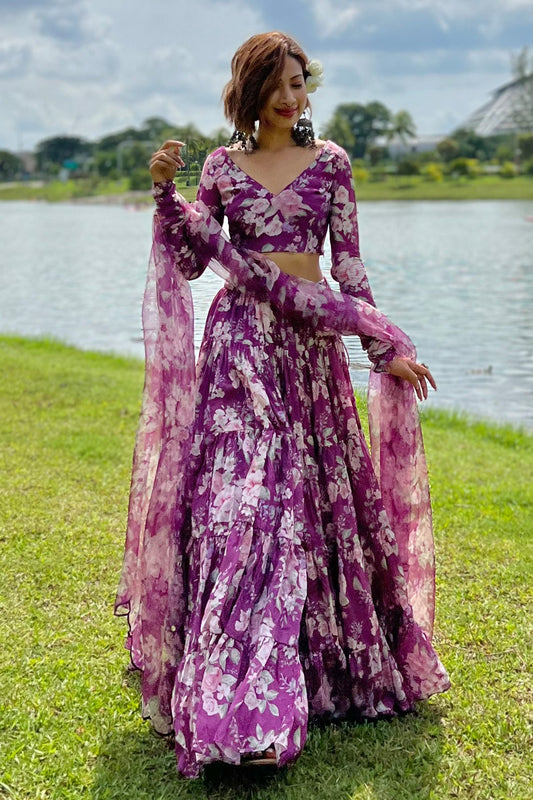Isha Borah in Falak Purple Floral print Gathered Lehenga with floral blouse and Dupatta- Set of 3