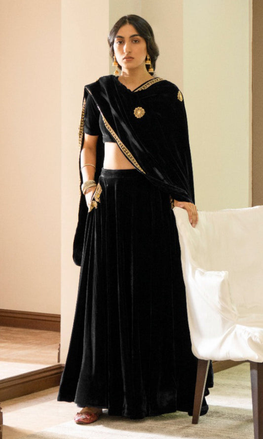 Bareen Embroidered  - Royal Black velvet Lehanga With Blouse - Set of 2