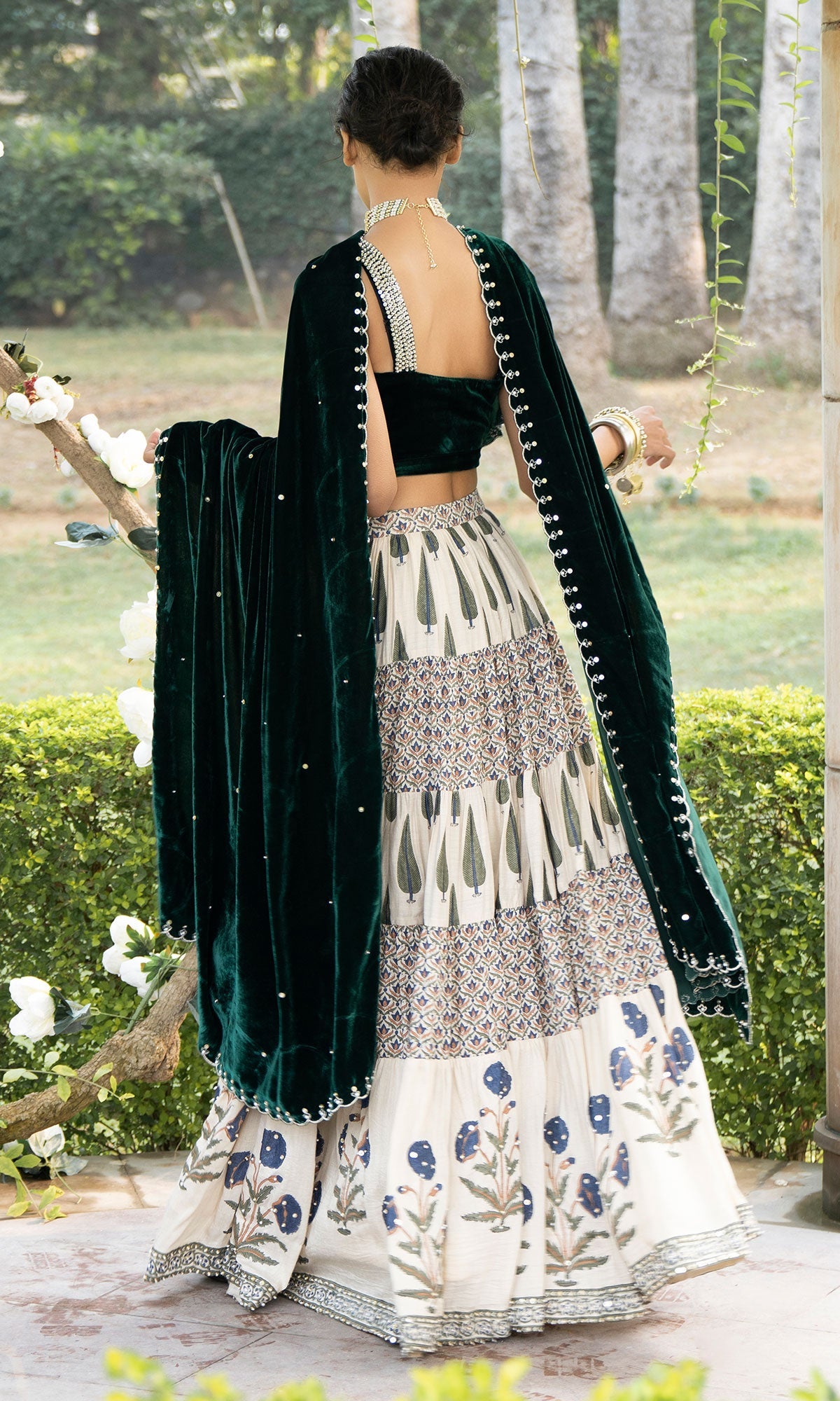 Bareen Mughals Bottle Green Block Printed Lehenga With Velvet Embroidered Bustier & Shawl -set Of 3