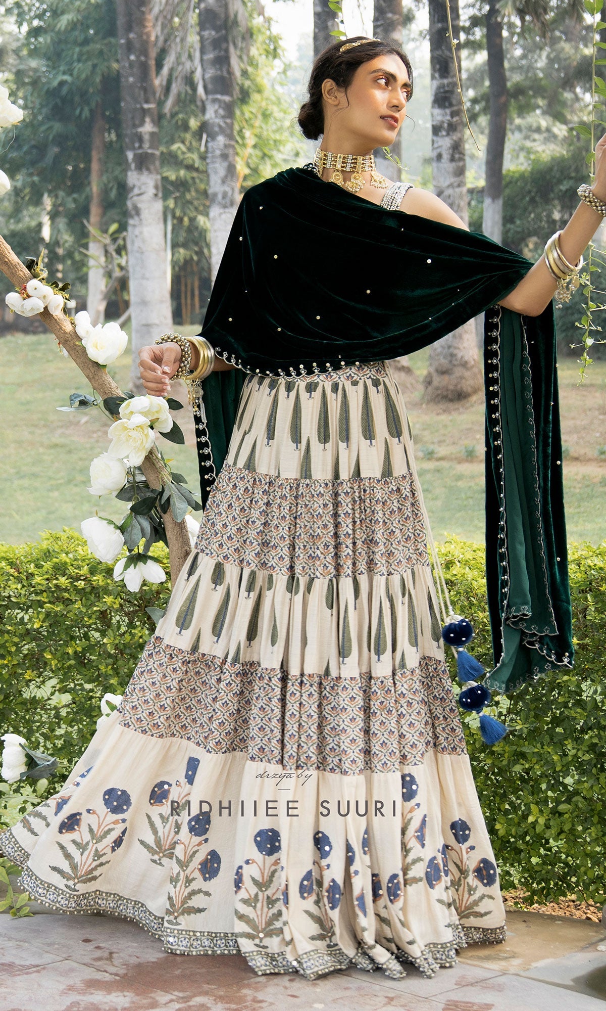 Bareen Mughals Bottle Green Block Printed Lehenga With Velvet Embroidered Bustier & Shawl -set Of 3