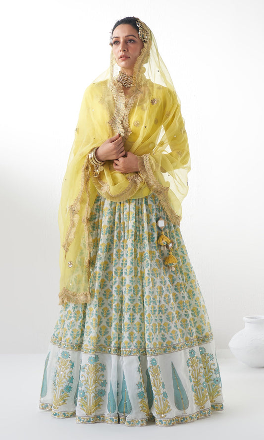 Jahanara Mughal Yellow Block Printed Lehenga Set - Set of 3