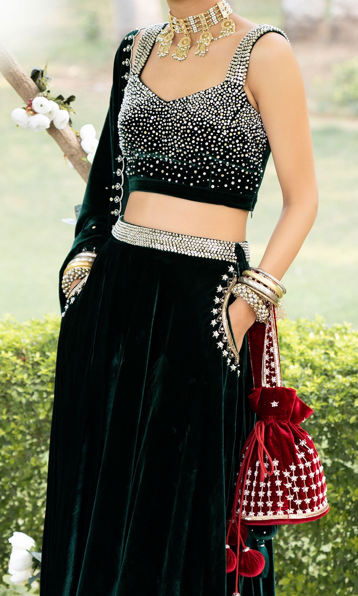 Bareen Mughals Bottle Green Silk Velvet Lehenga With Velvet Embroidered Bustier & Shawl- Set Of 3