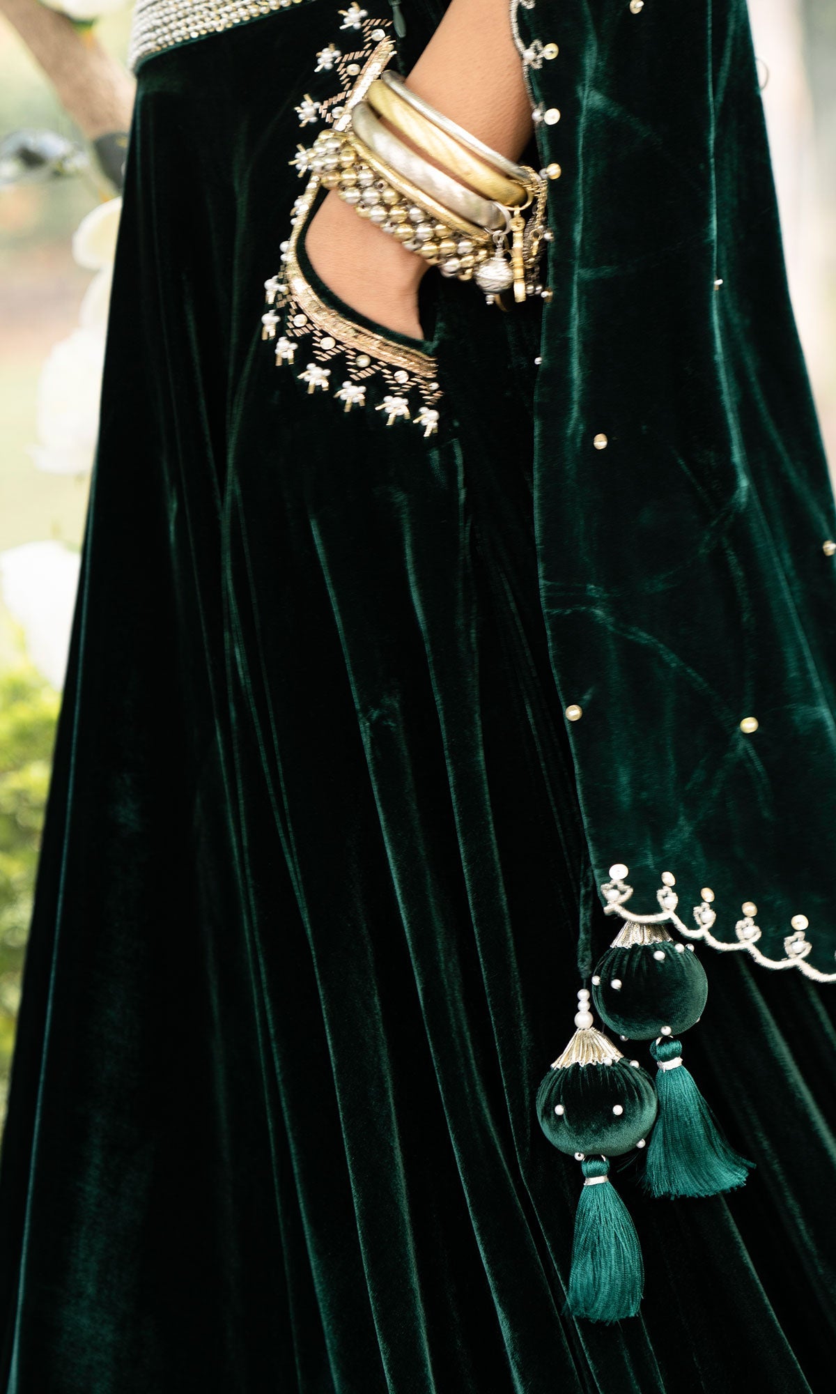 Bareen Mughals Bottle Green Silk Velvet Lehenga With Velvet Embroidered Bustier & Shawl- Set Of 3