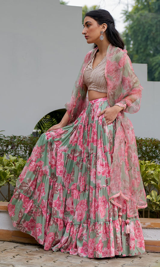 AZRA GREEN TIERED FLORAL PRINTED LEHENGA WITH BLOUSE & DUPATTA - SET OF 3