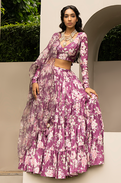 Aamna Sharif in Falak Purple Floral print Gathered Lehenga with floral blouse and Dupatta- Set of 3