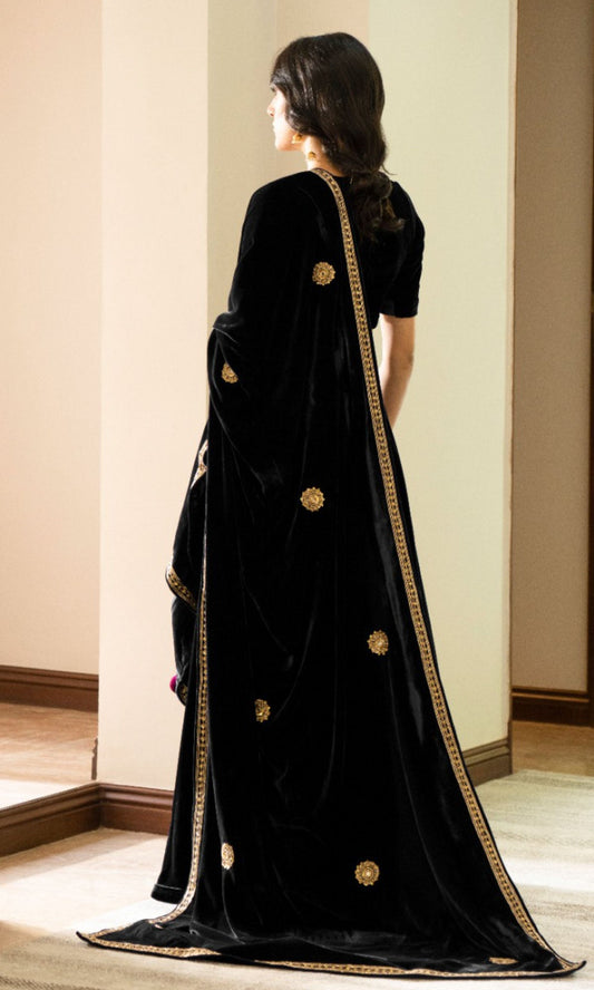 Bareen Embroidered  - Royal Black velvet Lehanga With Blouse - Set of 2