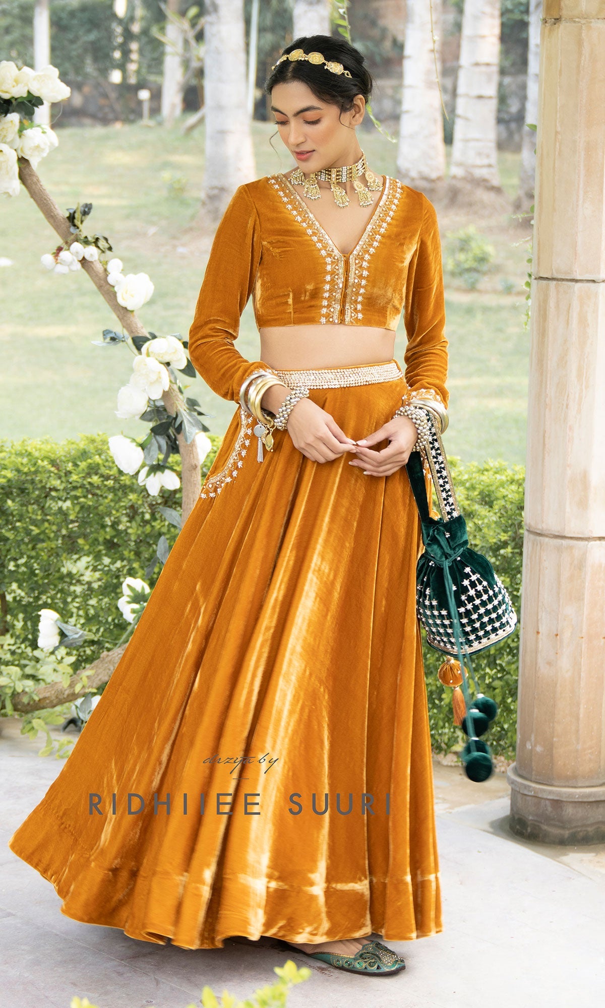 Bareen Mughals Mustard Yellow Silk Velvet Lehenga With Blouse And Shawl - Set Of 3