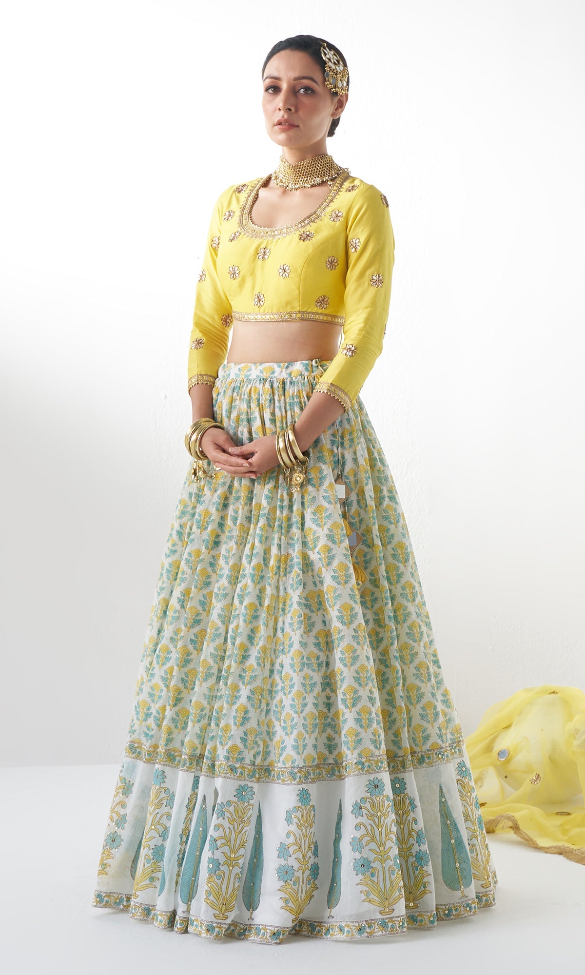 Jahanara Mughal Yellow Block Printed Lehenga Set - Set of 3