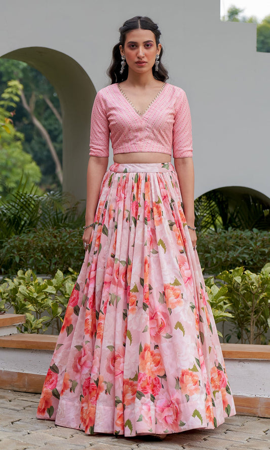 AZRA  PINK FLORAL PRINTED LEHENGA SET - SET OF 3