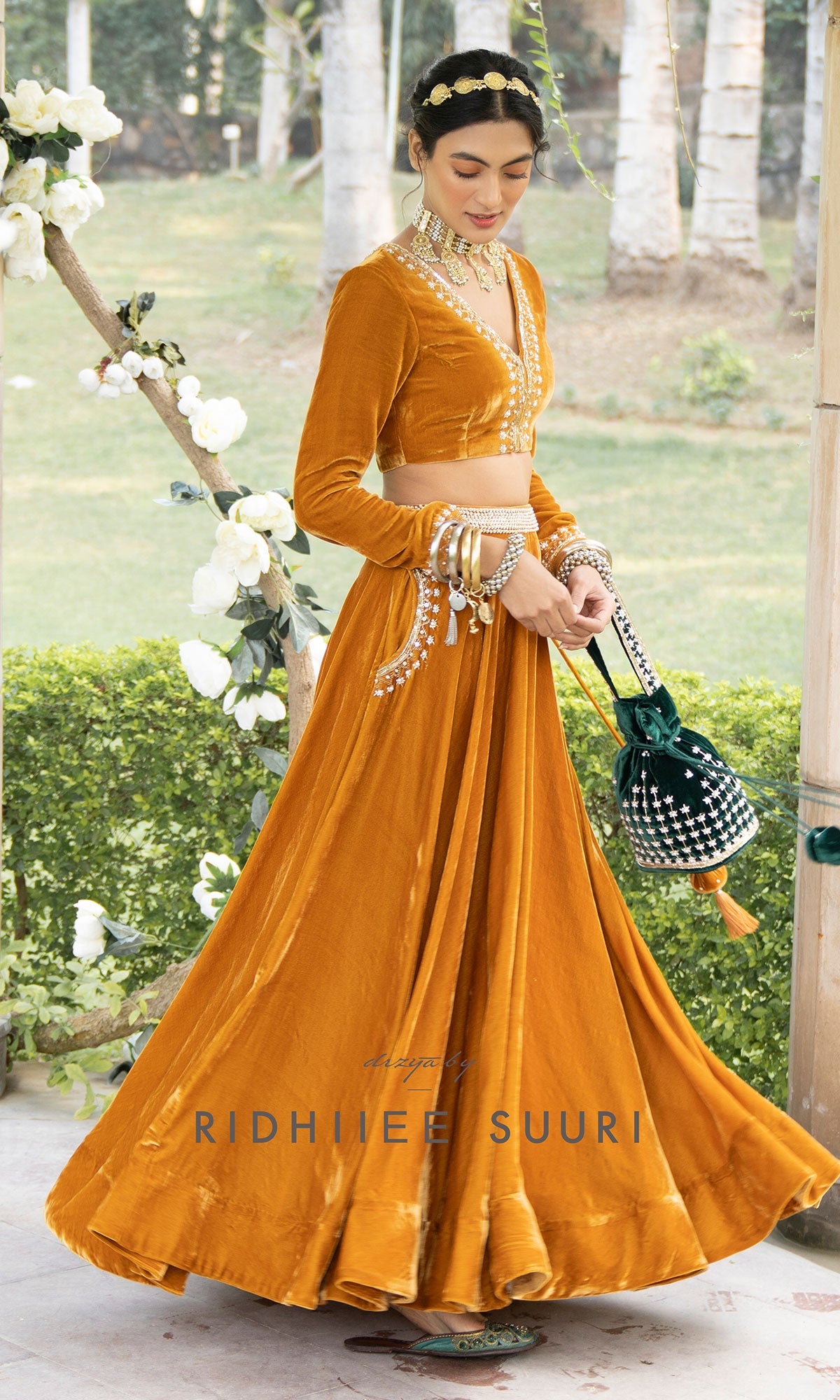 Bareen Mughals Mustard Yellow Silk Velvet Lehenga With Blouse And Shawl - Set Of 3