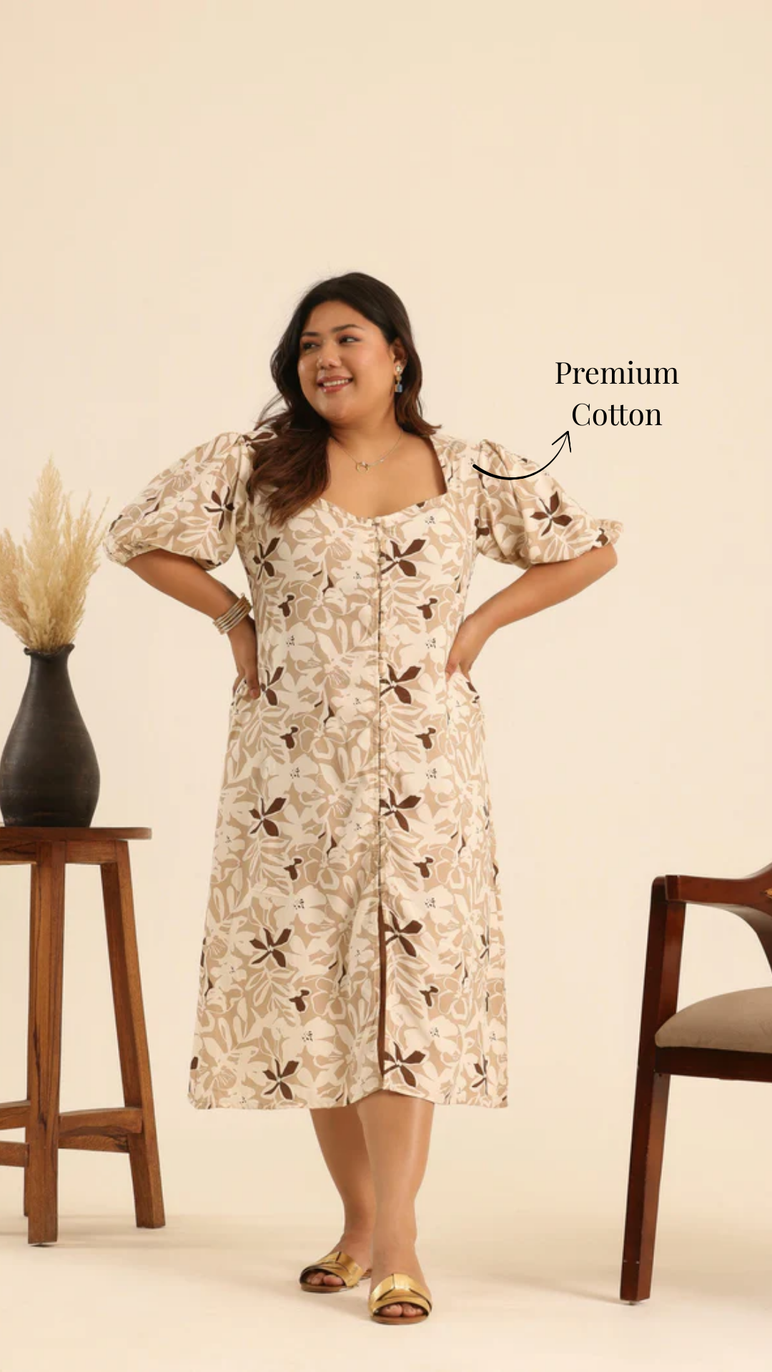 Nazaakat Nutty Latte Printed Midi Dress