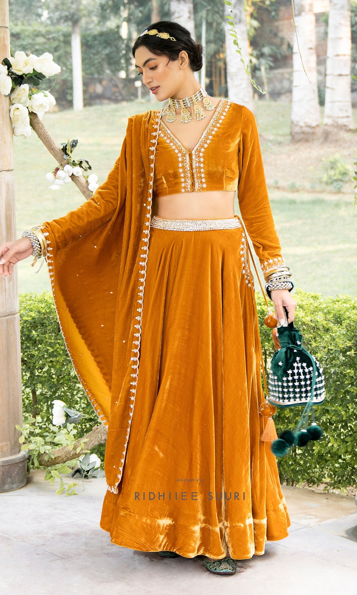 Bareen Mughals Mustard Yellow Silk Velvet Lehenga With Blouse And Shawl - Set Of 3