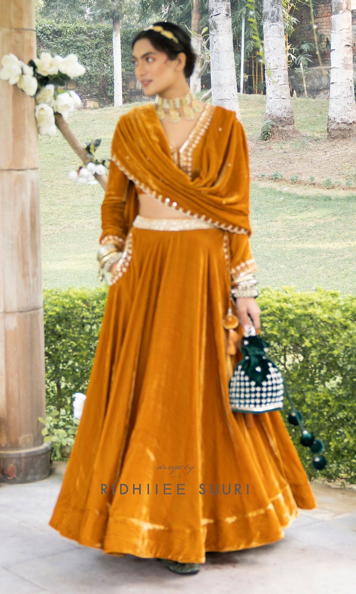 Bareen Mughals Mustard Yellow Silk Velvet Lehenga With Blouse And Shawl - Set Of 3