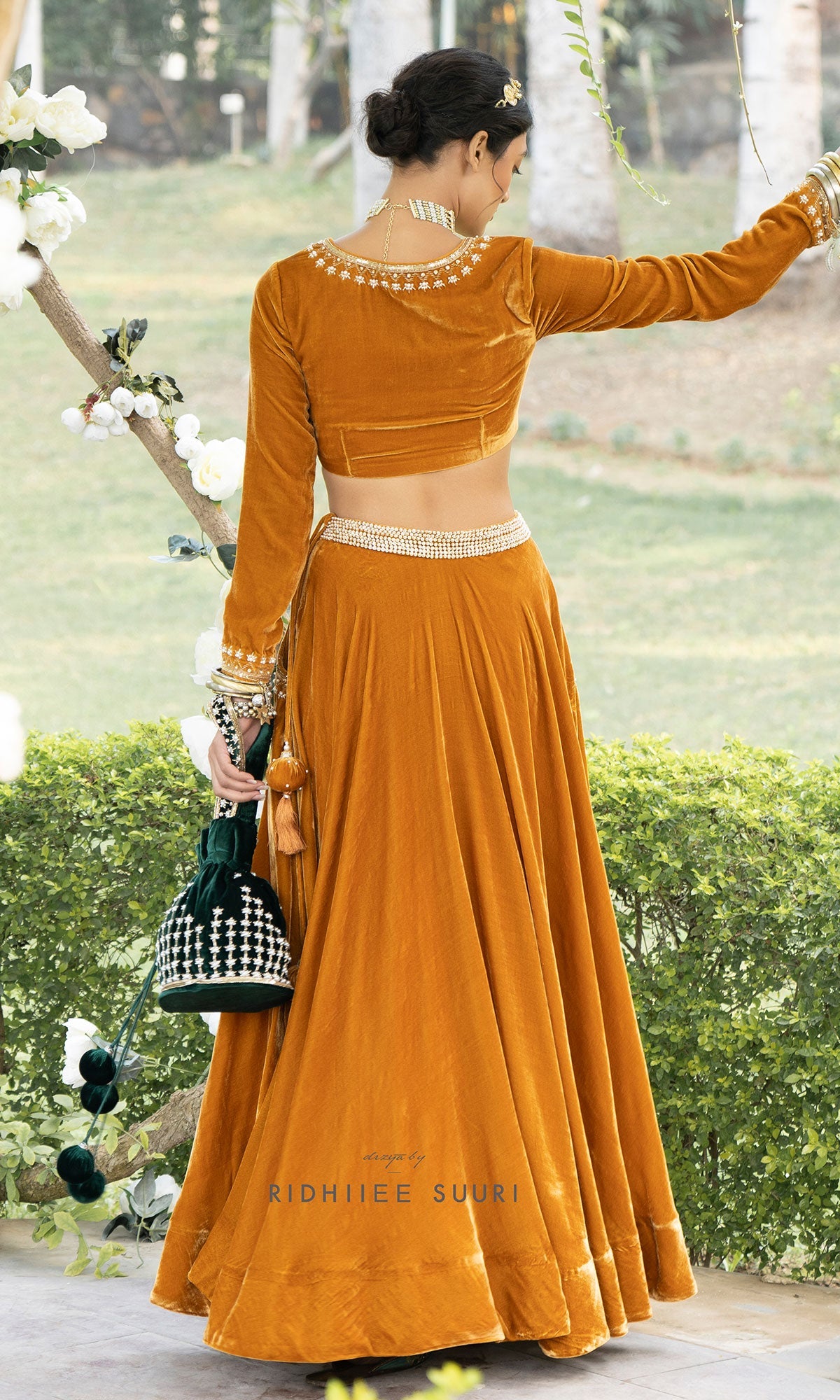 Bareen Mughals Mustard Yellow Silk Velvet Lehenga With Blouse And Shawl - Set Of 3