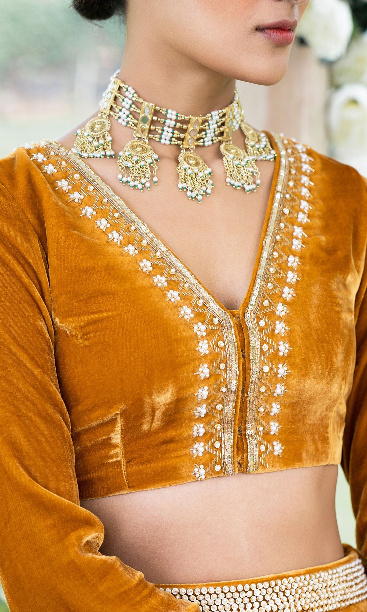 Bareen Mughals Mustard Yellow Silk Velvet Lehenga With Blouse And Shawl - Set Of 3