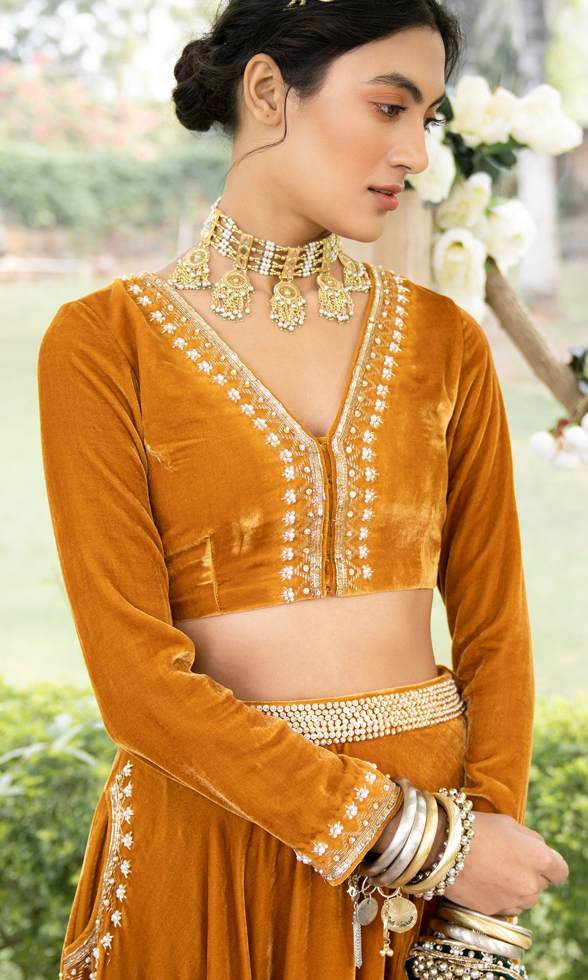 Bareen Mughals Mustard Yellow Silk Velvet Lehenga With Blouse And Shawl - Set Of 3