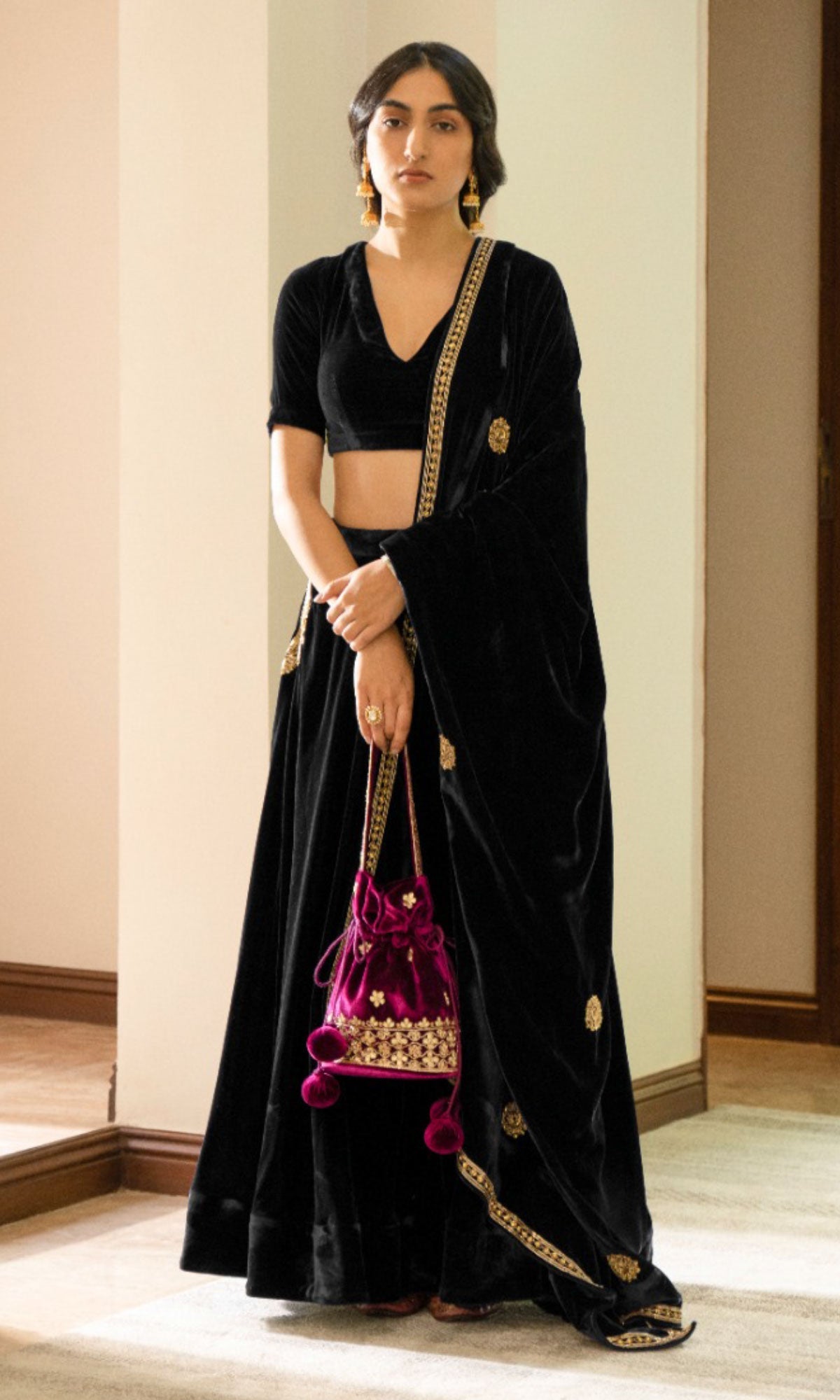 Bareen Embroidered  - Royal Black velvet Lehanga With Blouse - Set of 2