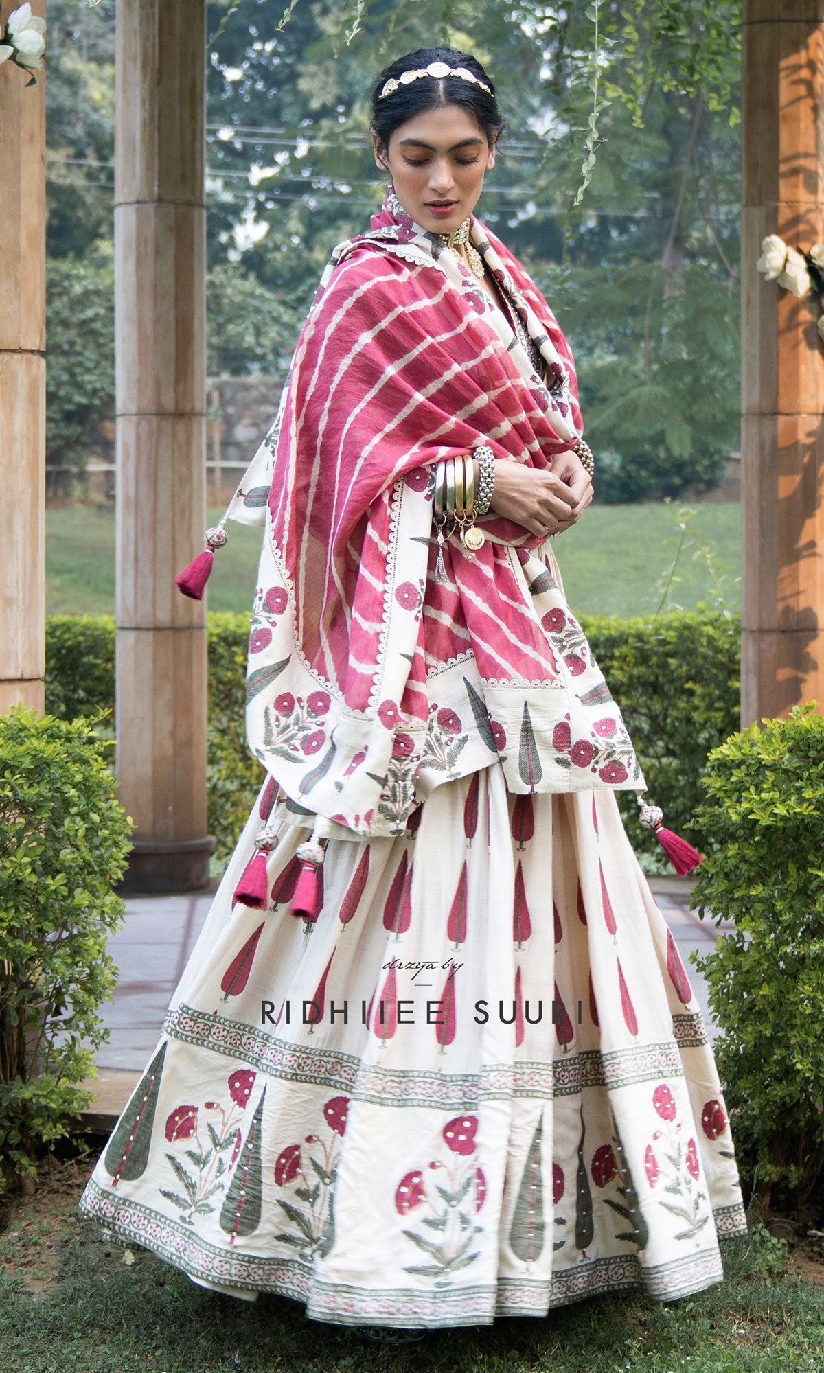 Bareen Mughal Red Block Printed Lehenga Set With Lehariya dupatta - Set Of 3 - Red