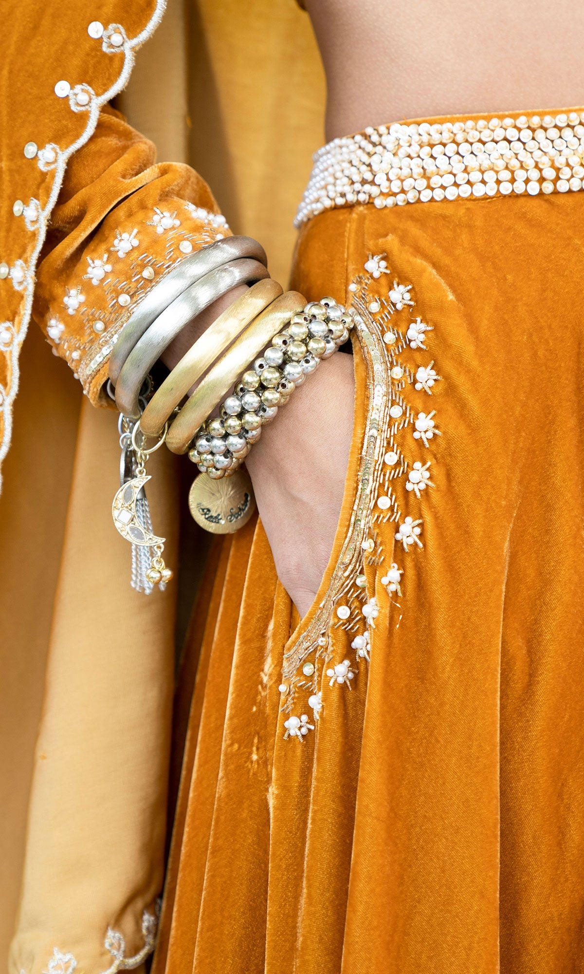 Bareen Mughals Mustard Yellow Silk Velvet Lehenga With Blouse And Shawl - Set Of 3