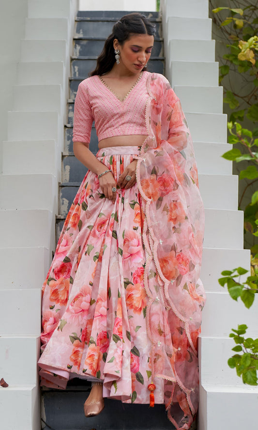 AZRA  PINK FLORAL PRINTED LEHENGA SET - SET OF 3