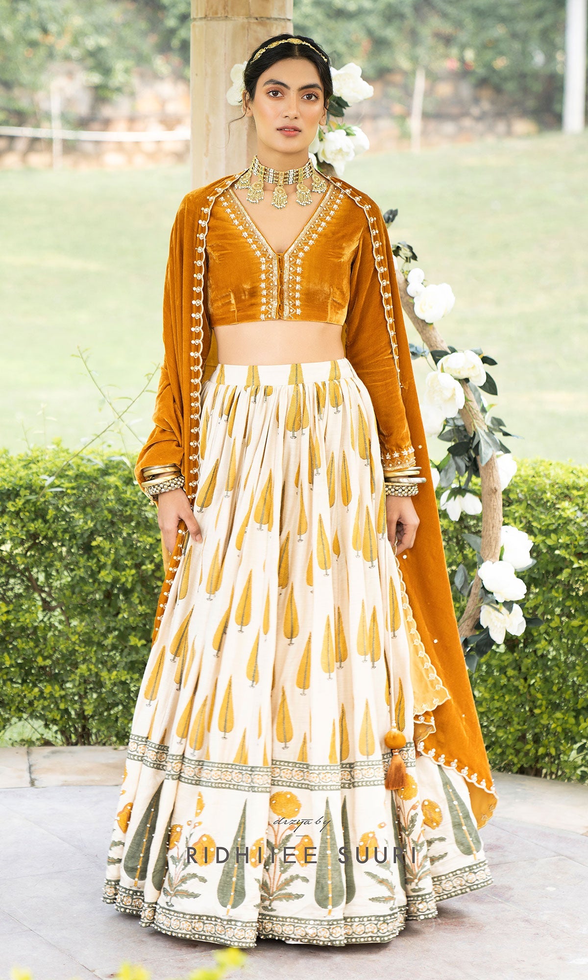 Bareen Mughals Mustard yellow block printed lehenga with velvet embroidered blouse & shawl- SET OF 3