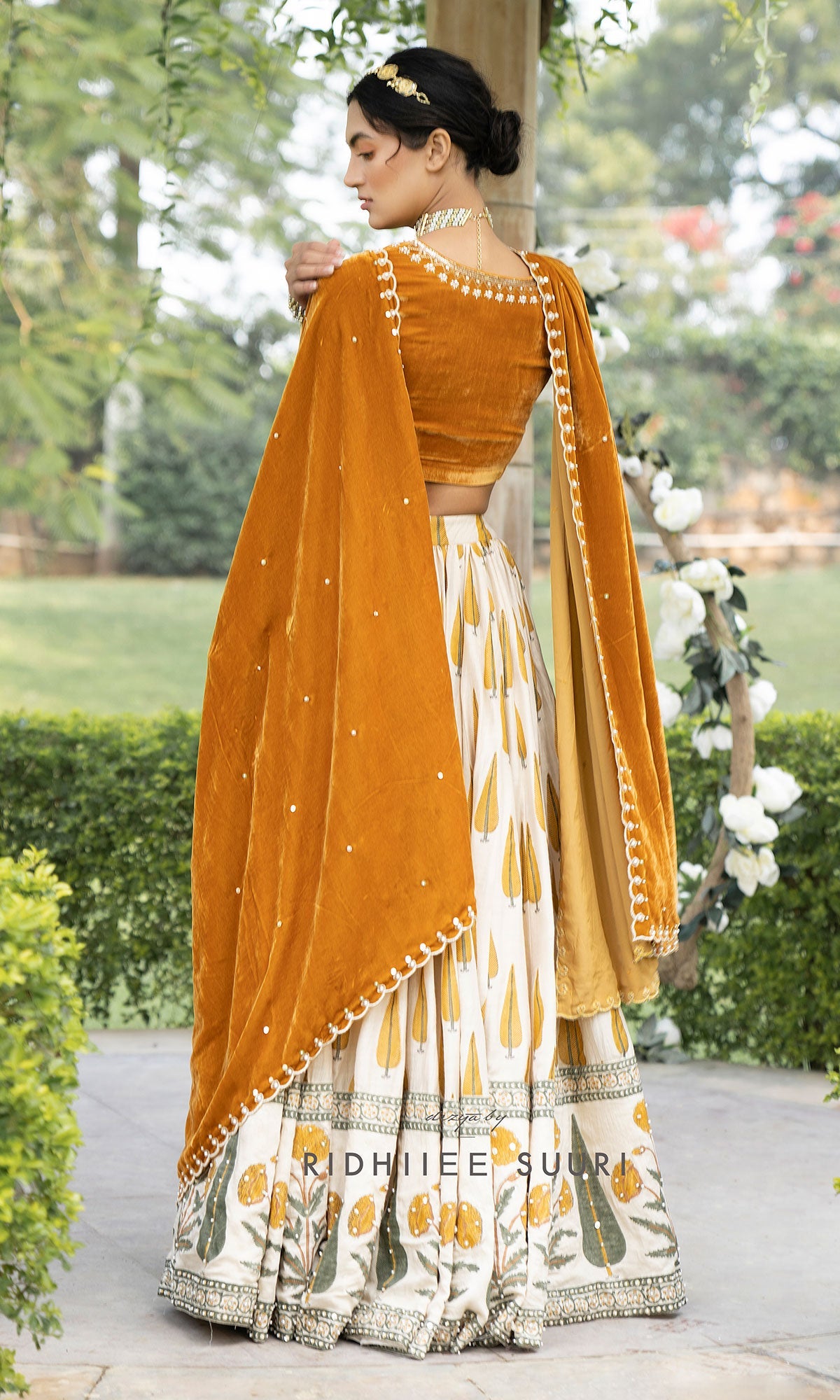 Bareen Mughals Mustard yellow block printed lehenga with velvet embroidered blouse & shawl- SET OF 3