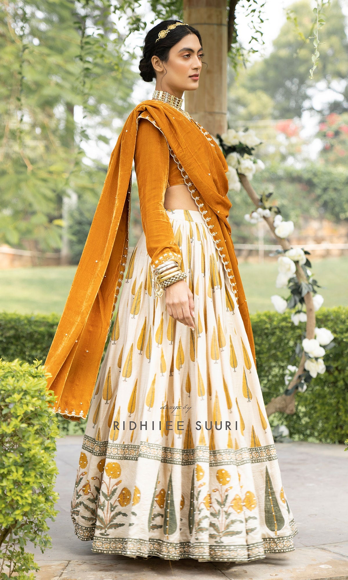 Bareen Mughals Mustard yellow block printed lehenga with velvet embroidered blouse & shawl- SET OF 3