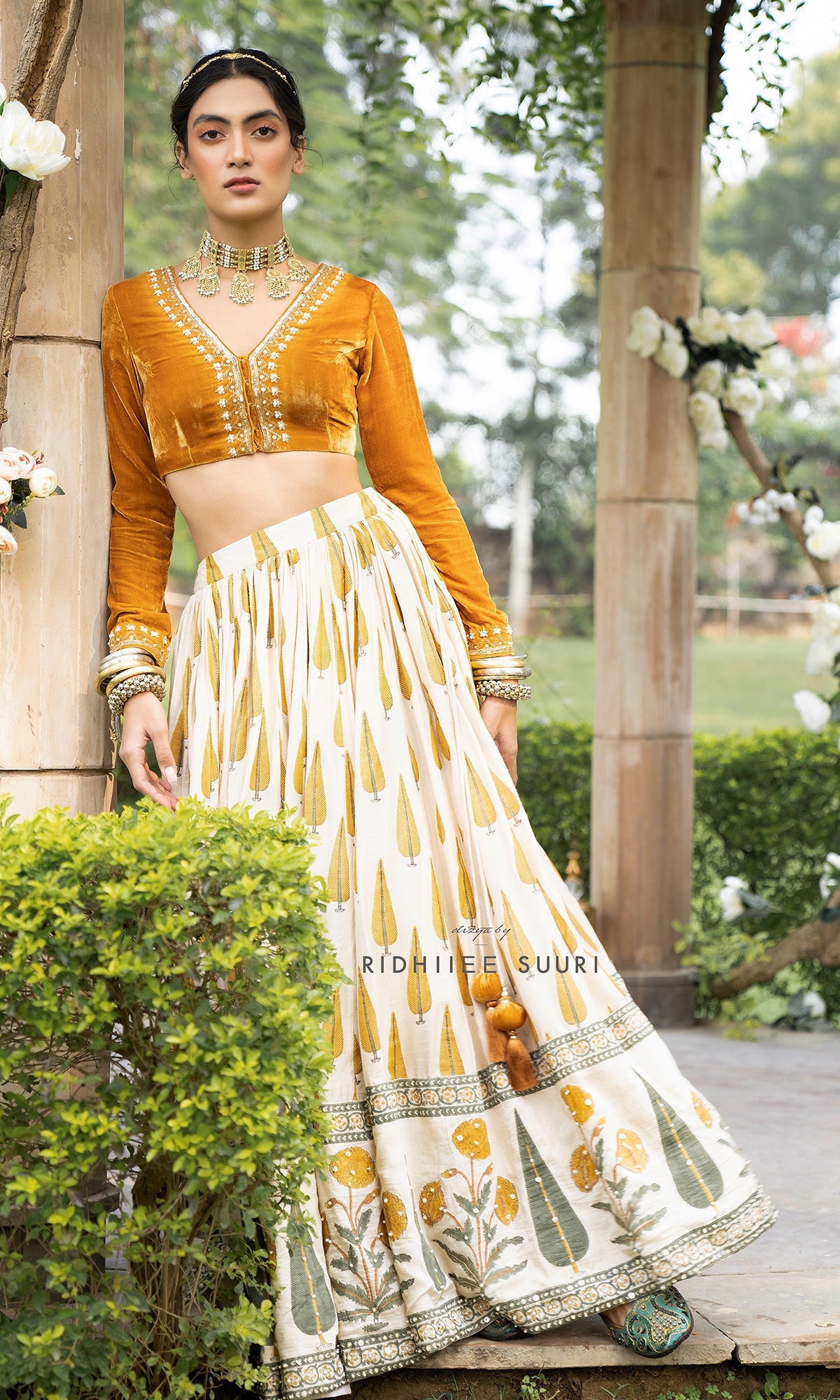 Bareen Mughals Mustard yellow block printed lehenga with velvet embroidered blouse & shawl- SET OF 3