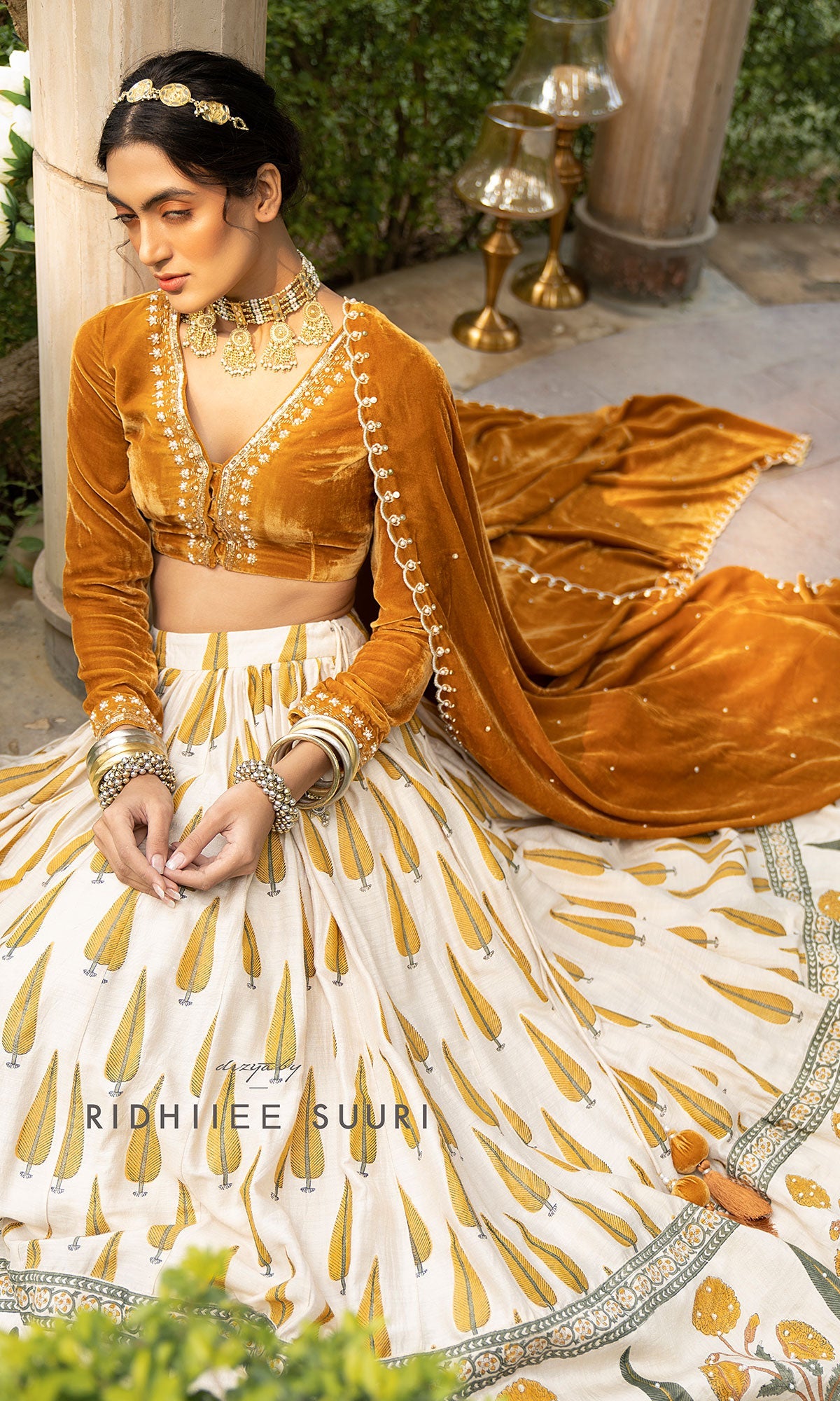 Bareen Mughals Mustard yellow block printed lehenga with velvet embroidered blouse & shawl- SET OF 3