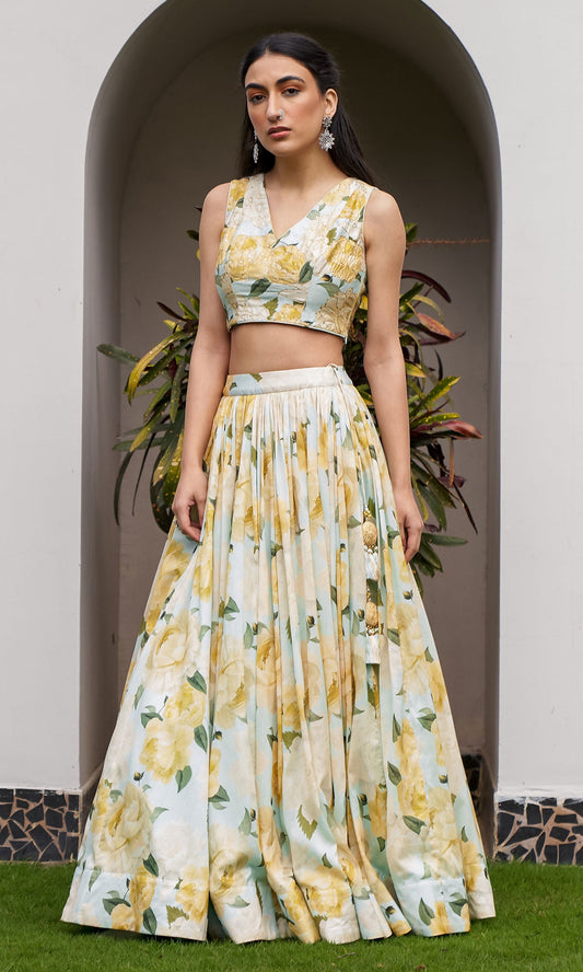 AZRA AQUA FLORAL PRINTED FLORAL LEHENGA WITH FLORAL PRINTED BLOUSE AND DUPATTA - SET OF 3