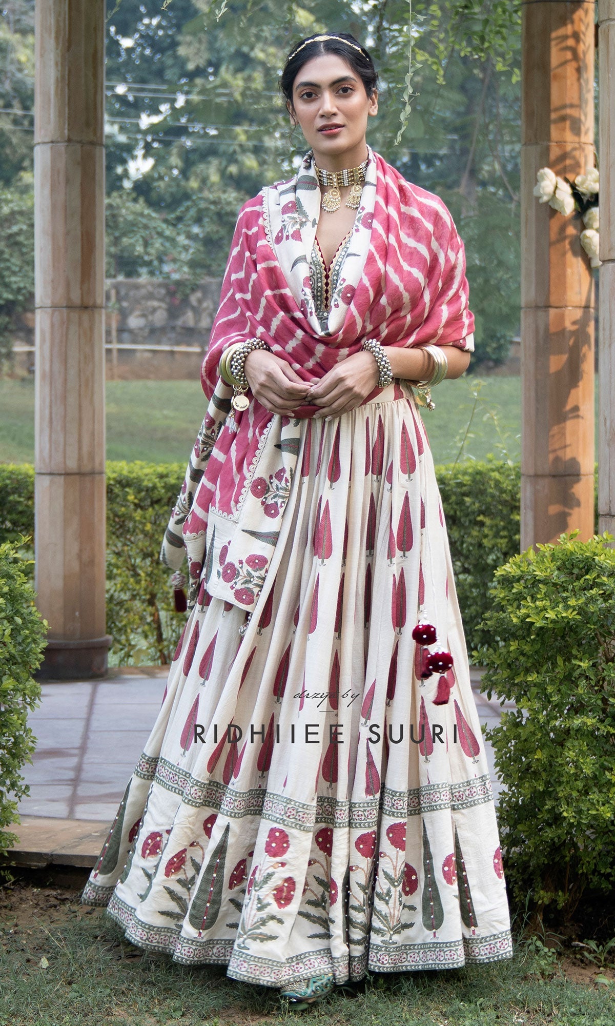 Bareen Mughal Red Block Printed Lehenga Set With Lehariya dupatta - Set Of 3 - Red