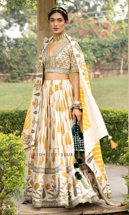 Bareen Mughal Mustard Yellow Block Printed Lehenga Set With Lehariya dupatta - Set Of 3