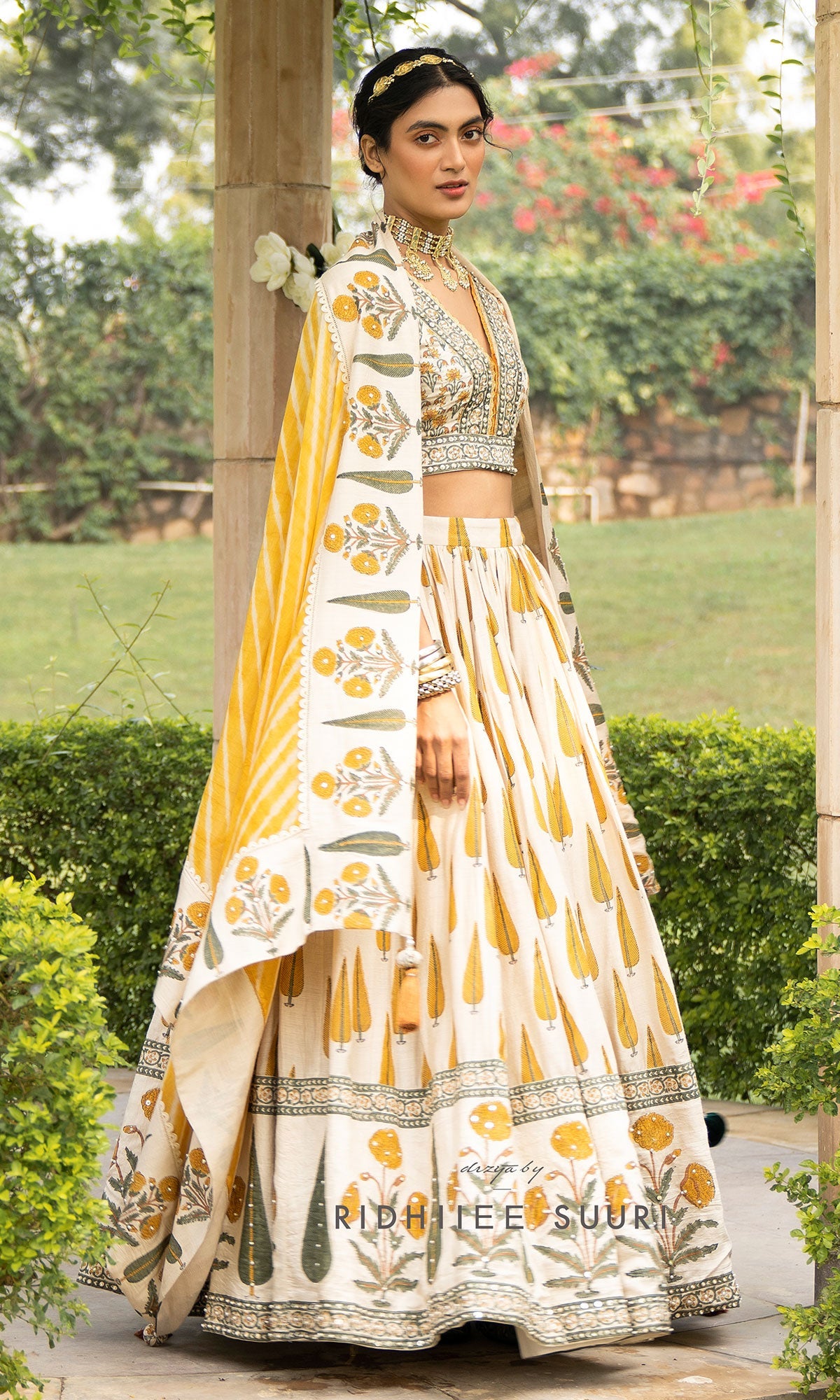 Bareen Mughal Mustard Yellow Block Printed Lehenga Set With Lehariya dupatta - Set Of 3