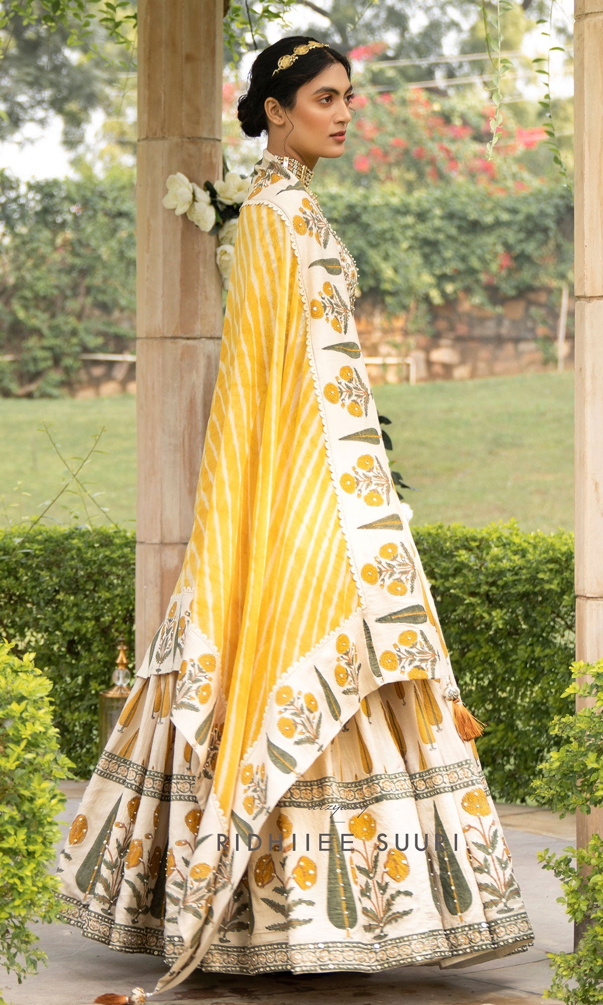 Bareen Mughal Mustard Yellow Block Printed Lehenga Set With Lehariya dupatta - Set Of 3