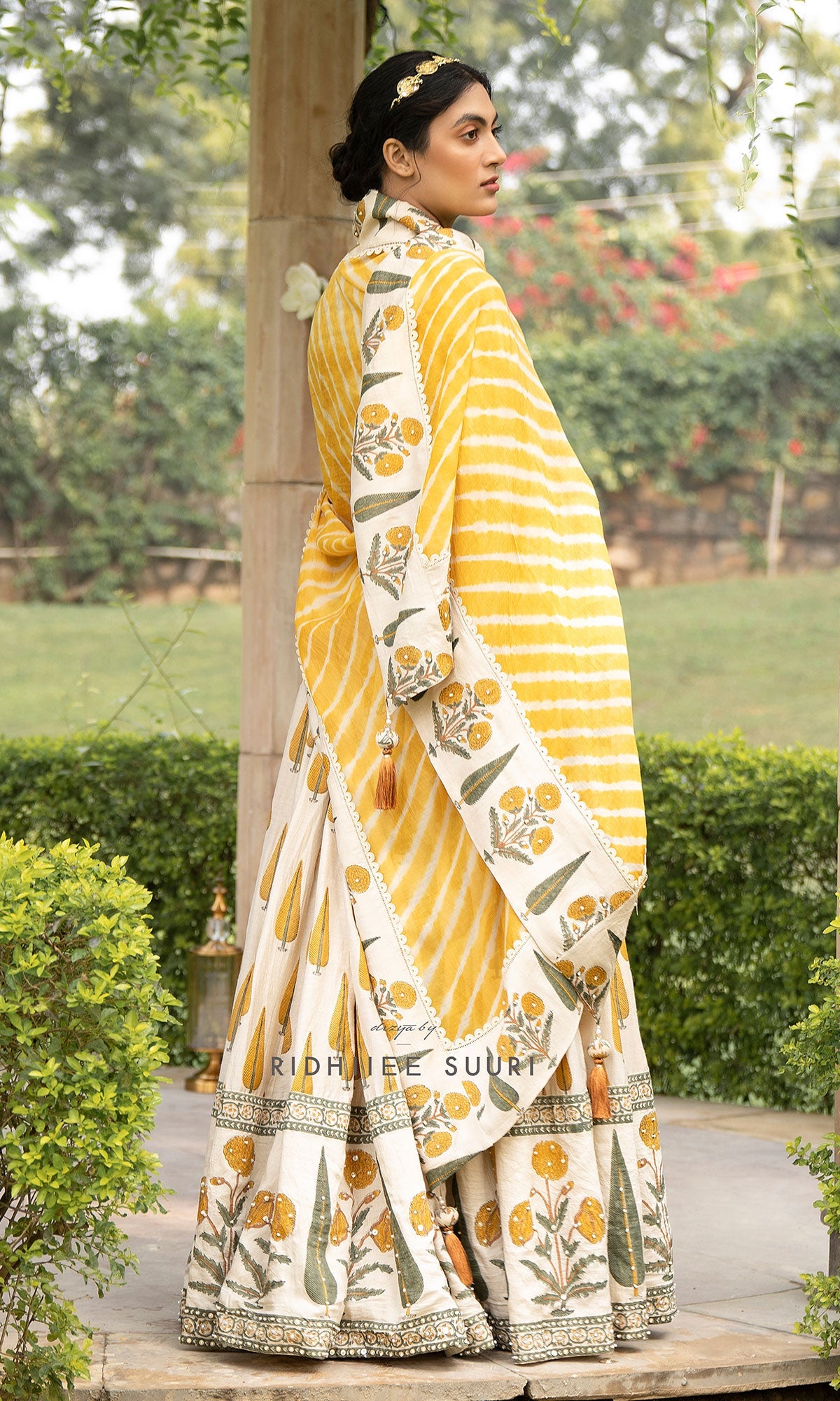 Bareen Mughal Mustard Yellow Block Printed Lehenga Set With Lehariya dupatta - Set Of 3