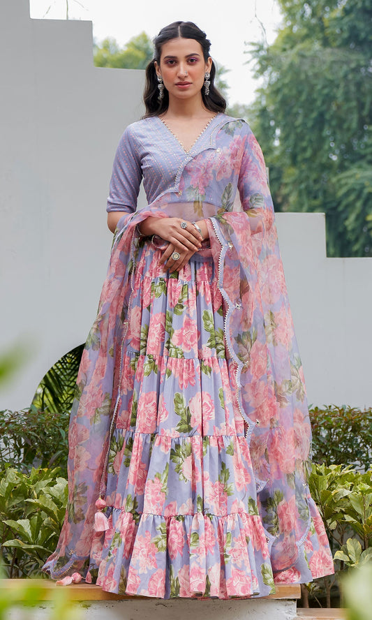 AZRA LILAC TIERED FLORAL PRINTED LEHENGA WITH BLOUSE & DUPATTA - SET OF 3