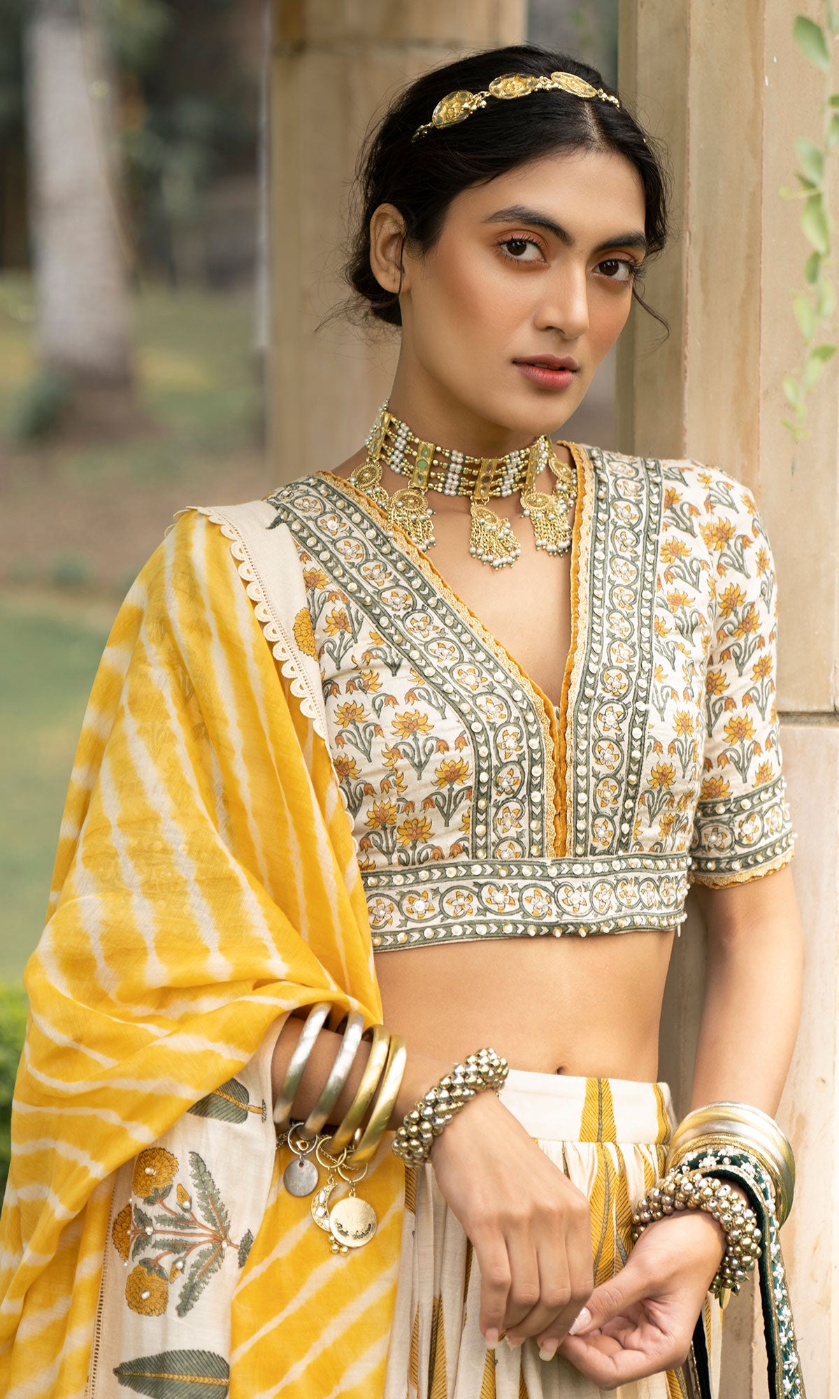 Bareen Mughal Mustard Yellow Block Printed Lehenga Set With Lehariya dupatta - Set Of 3